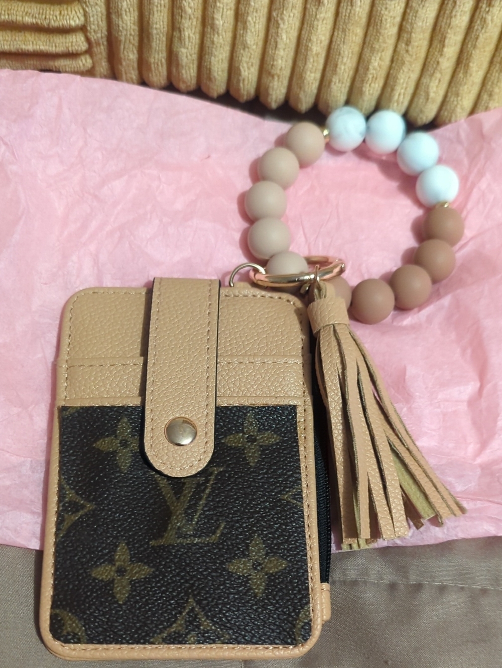 Beige and Brown Card Case Wristlet with Tassel